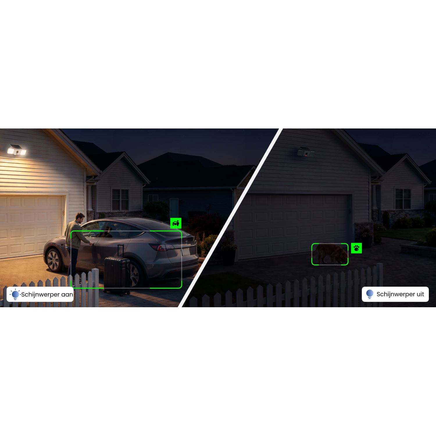 A man loads a suitcase into a car parked by a house. A dog is on the lawn.