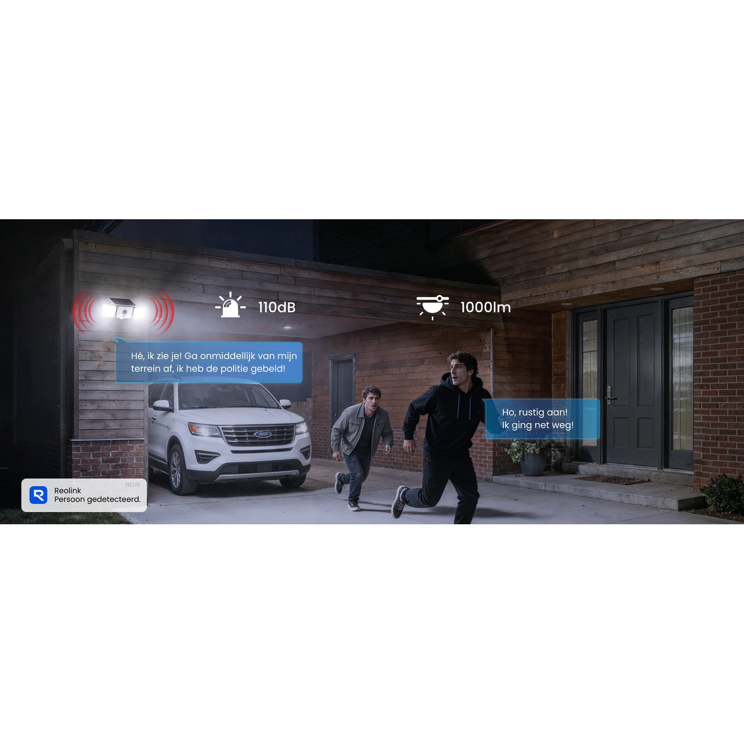Two men run from a house at night. A car is parked in front.