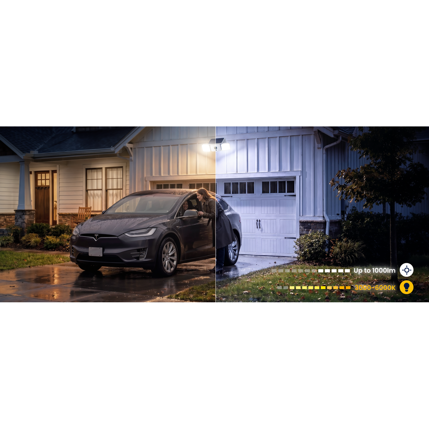 Gray electric car in front of a house with garage door, illuminated at night.