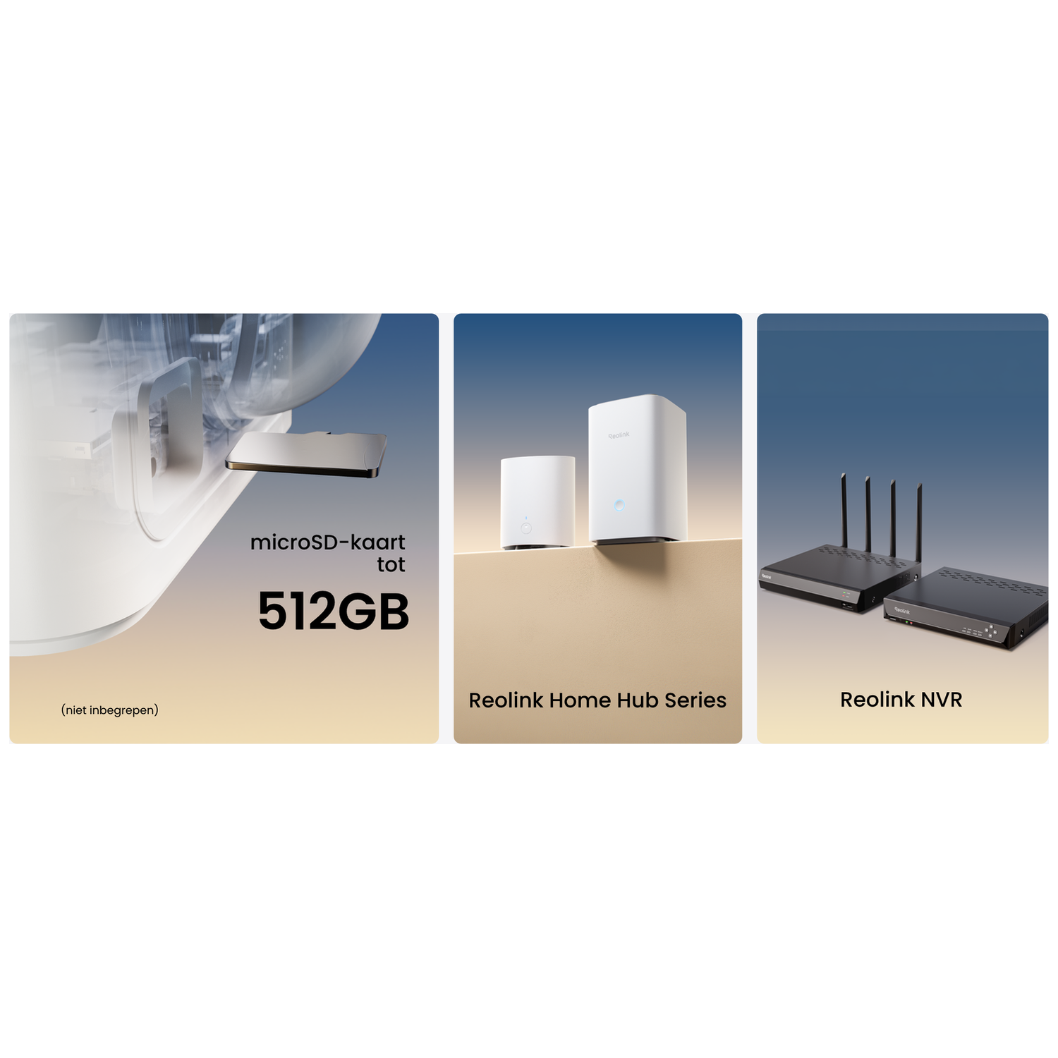 MicroSD card up to 512GB and Reolink Home Hub Series, NVR.