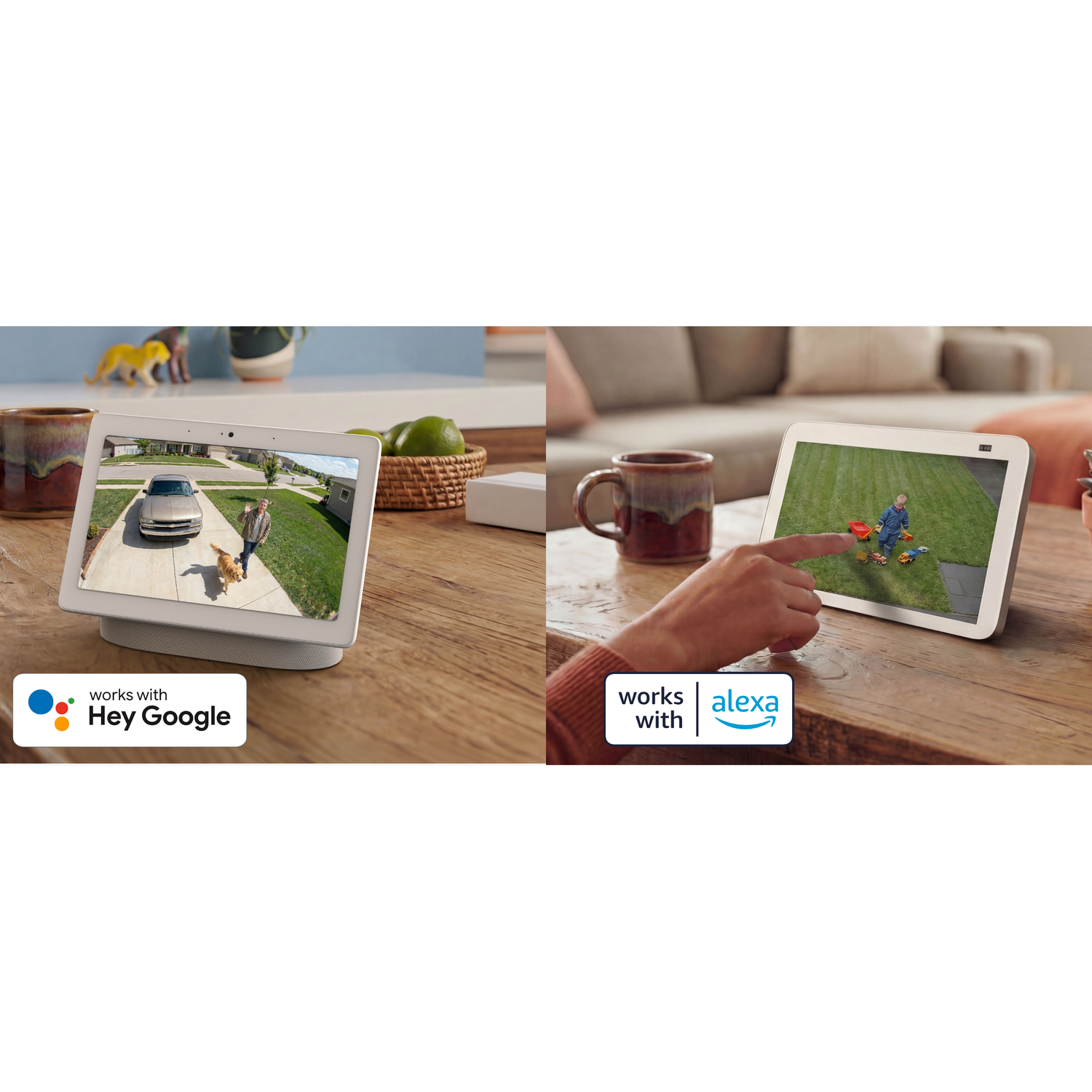 Two smart displays show security footage: a dog and man, a child playing.