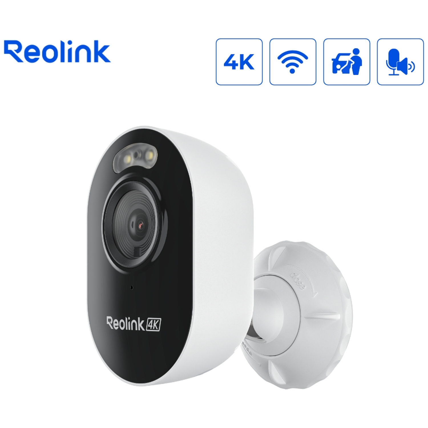 Caméra de sécurité Reolink 4K blanche avec façade et support noirs.