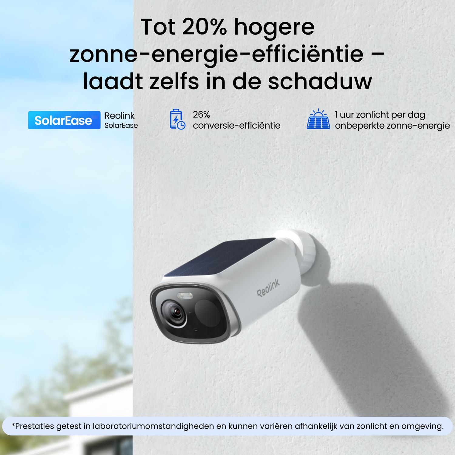 Une caméra de sécurité blanche à énergie solaire avec des icônes solaires et du texte sur l'efficacité.