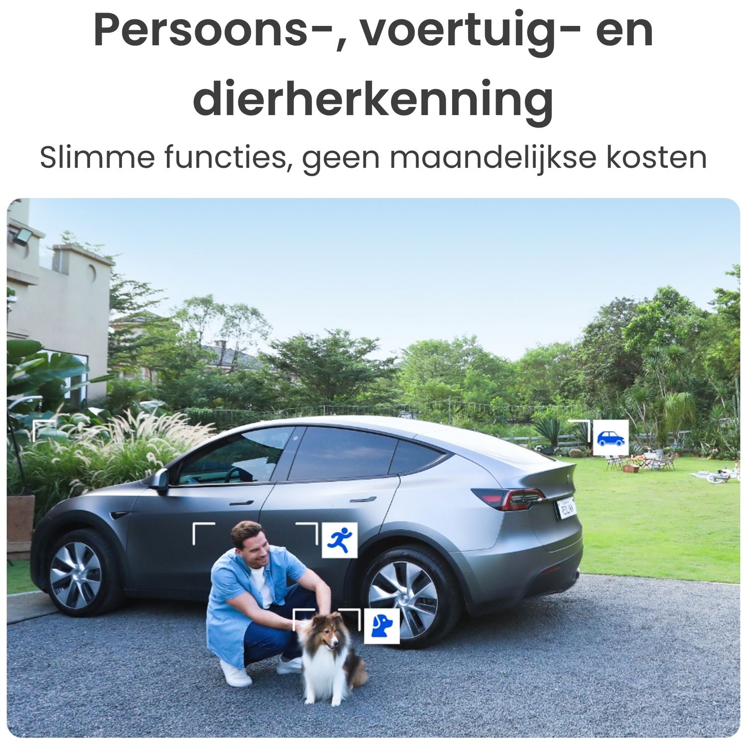 Man knielt bij hond bij auto; iconen voor persoon, dier en voertuig.