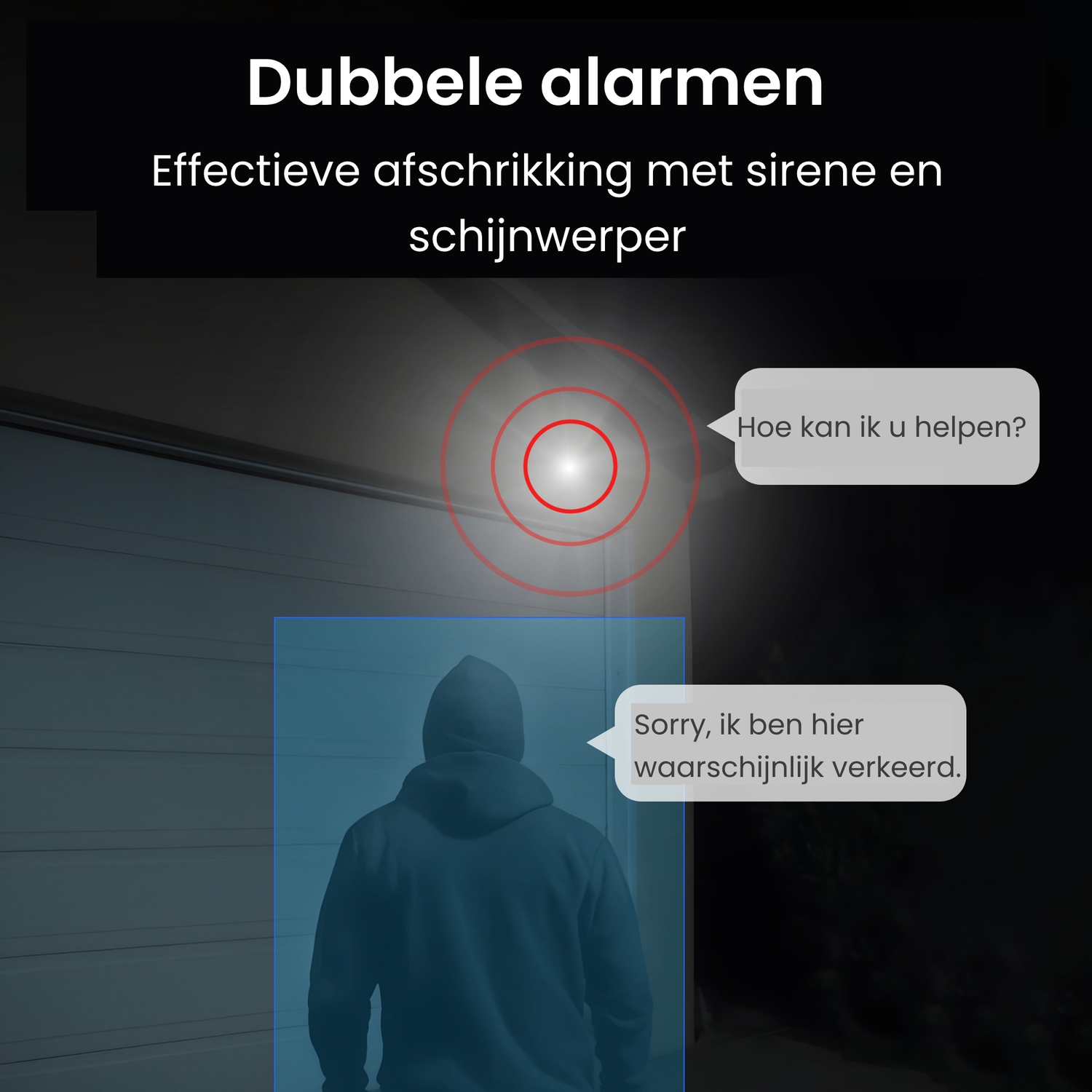 Een figuur met capuchon wordt gedetecteerd bij een garagedeur met knipperlicht en sirene.