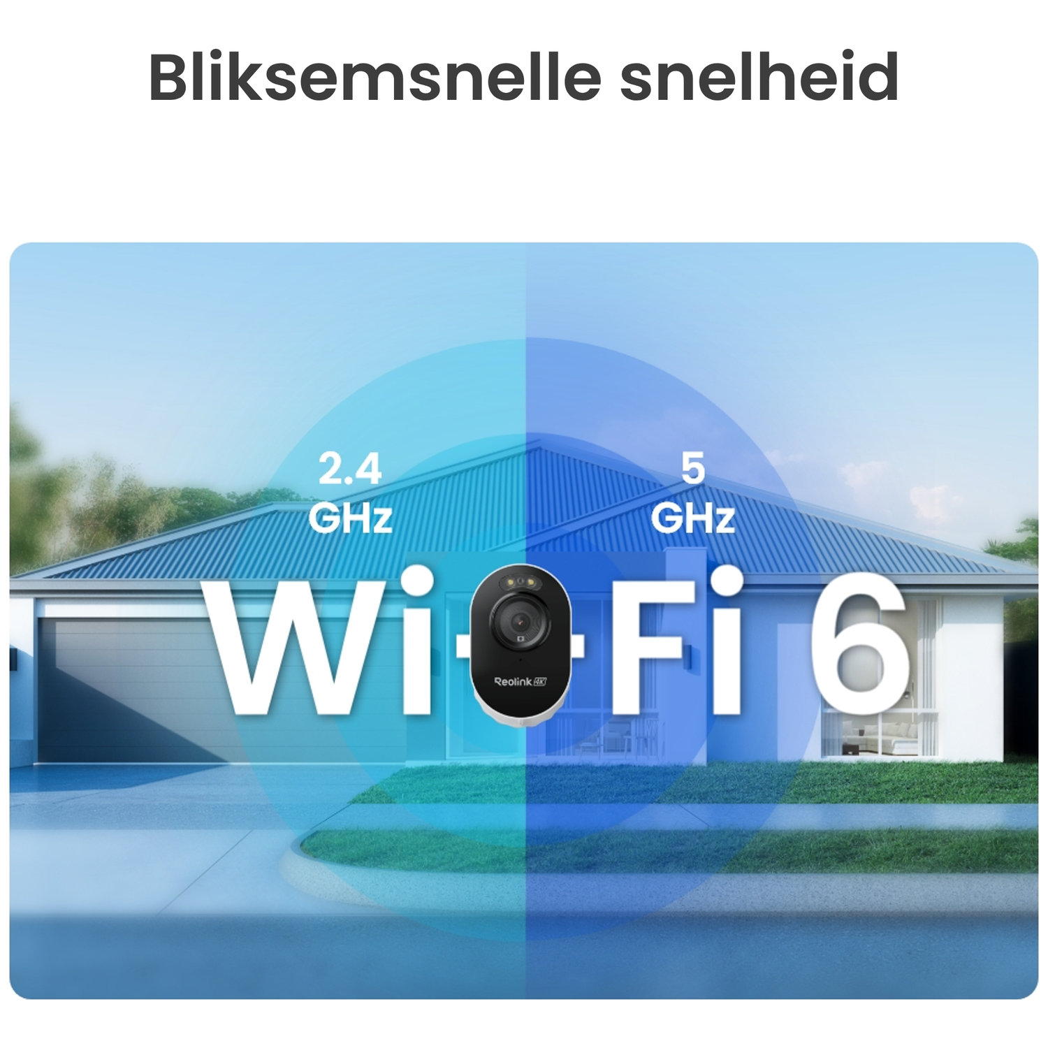 Huis met Wi-Fi 6, 2,4 GHz en 5 GHz. Beveiligingscamera op het dak.