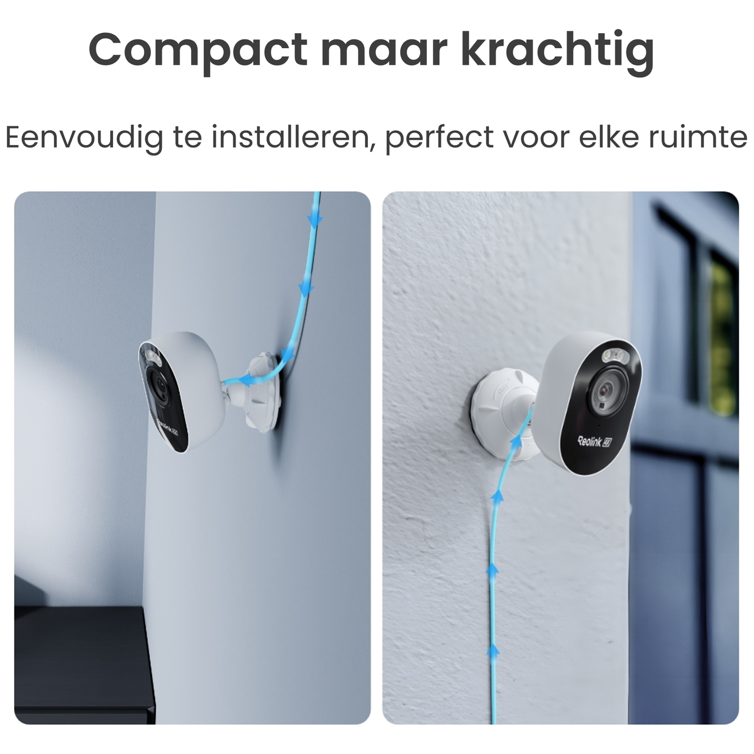 Twee witte beveiligingscamera's aan muren gemonteerd, met blauwe kabels.