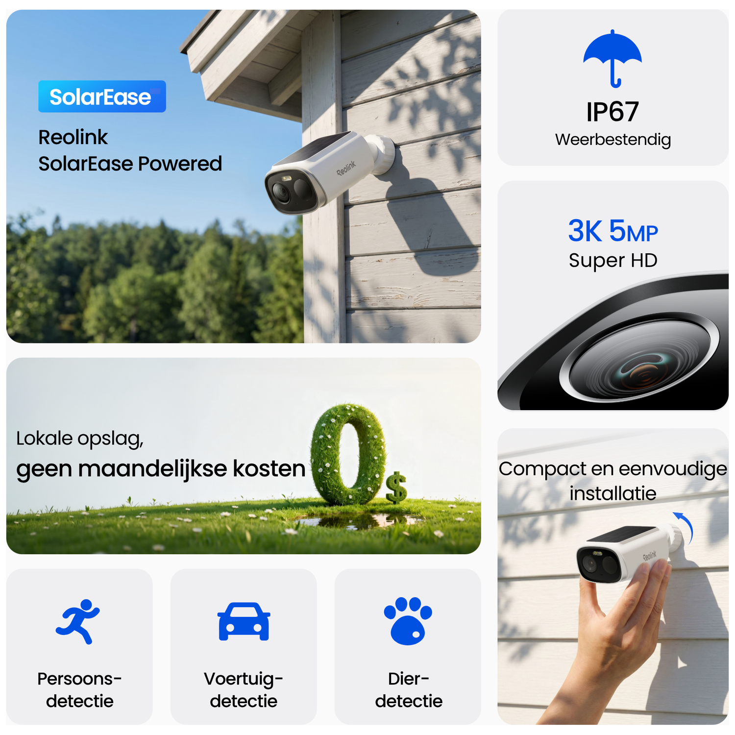 Caméra Reolink SolarEase : IP67, 3K 5MP, stockage local, détection personne.