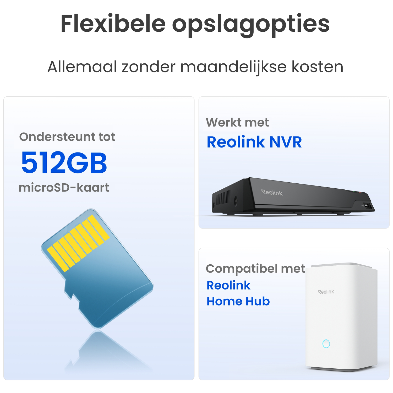 Flexibele opslagopties: 512 GB MicroSD-kaart, Reolink NVR en Home Hub.