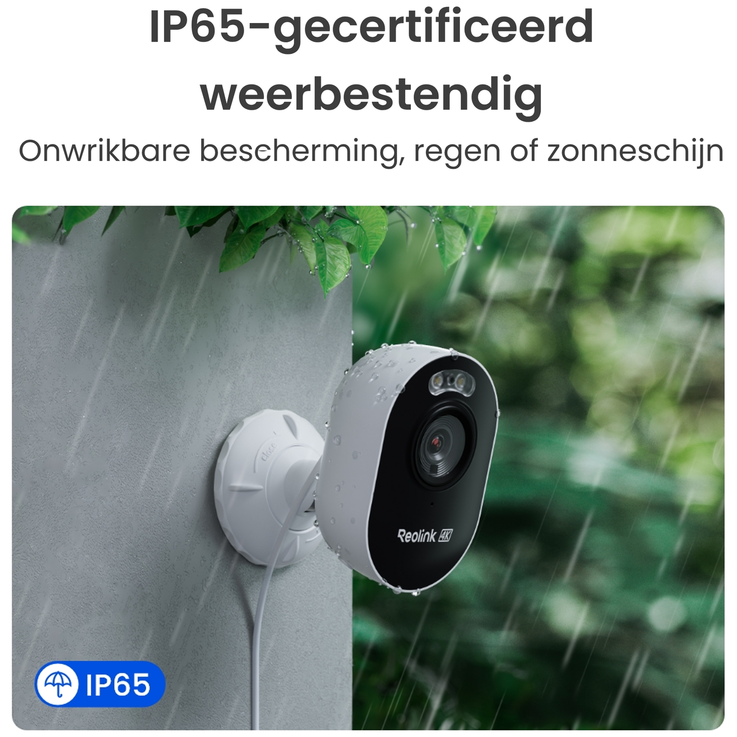 Een witte Reolink 4K camera in de regen, gemonteerd aan een muur. IP65 gecertificeerd.