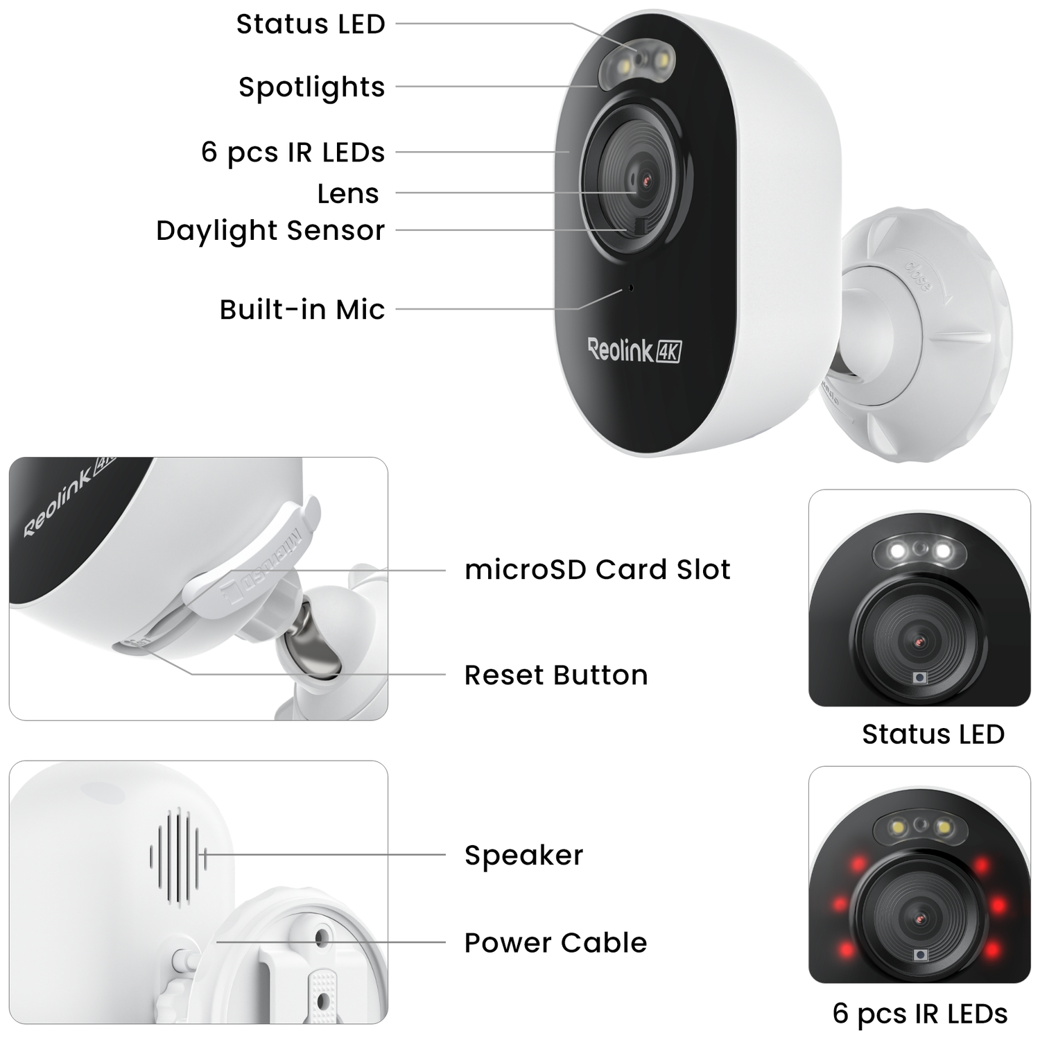 Reolink 4K camera met status LED's, IR LED's, lens, microfoon, reset en microSD-slot.