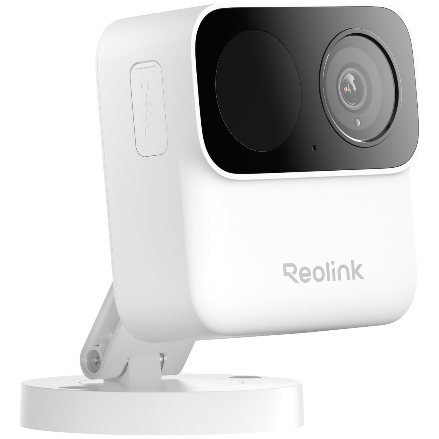Caméra de sécurité Reolink blanche avec support mobile et port Type-C.