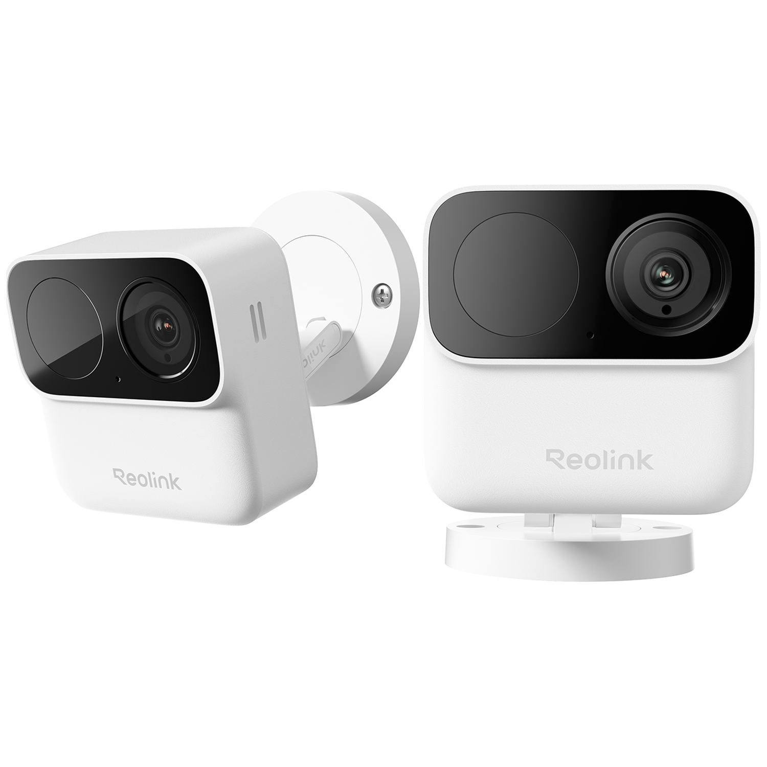 Deux caméras de sécurité Reolink blanches sont présentées sur fond blanc.