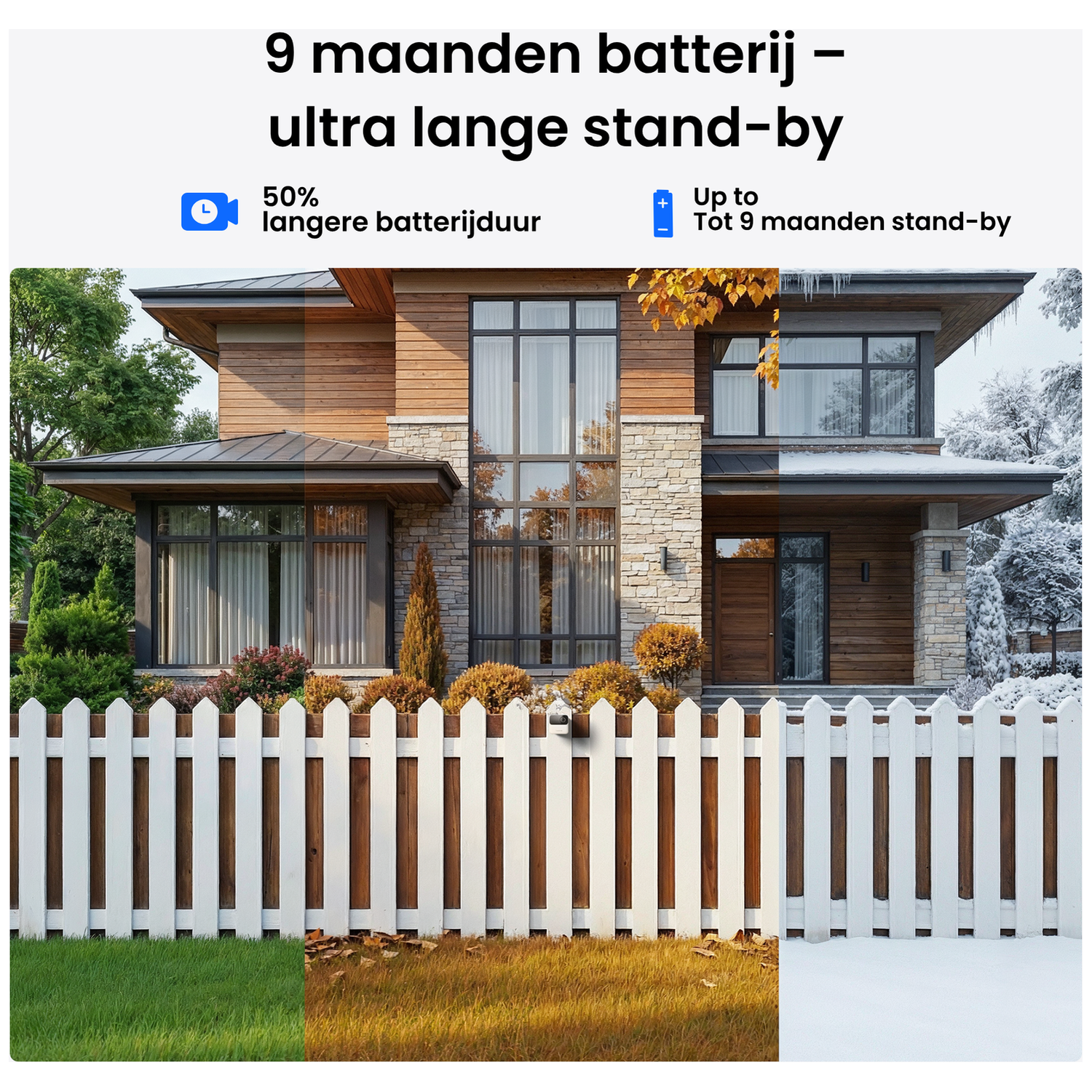 Maison avec clôture montrant différentes saisons : vert, automne et neige.