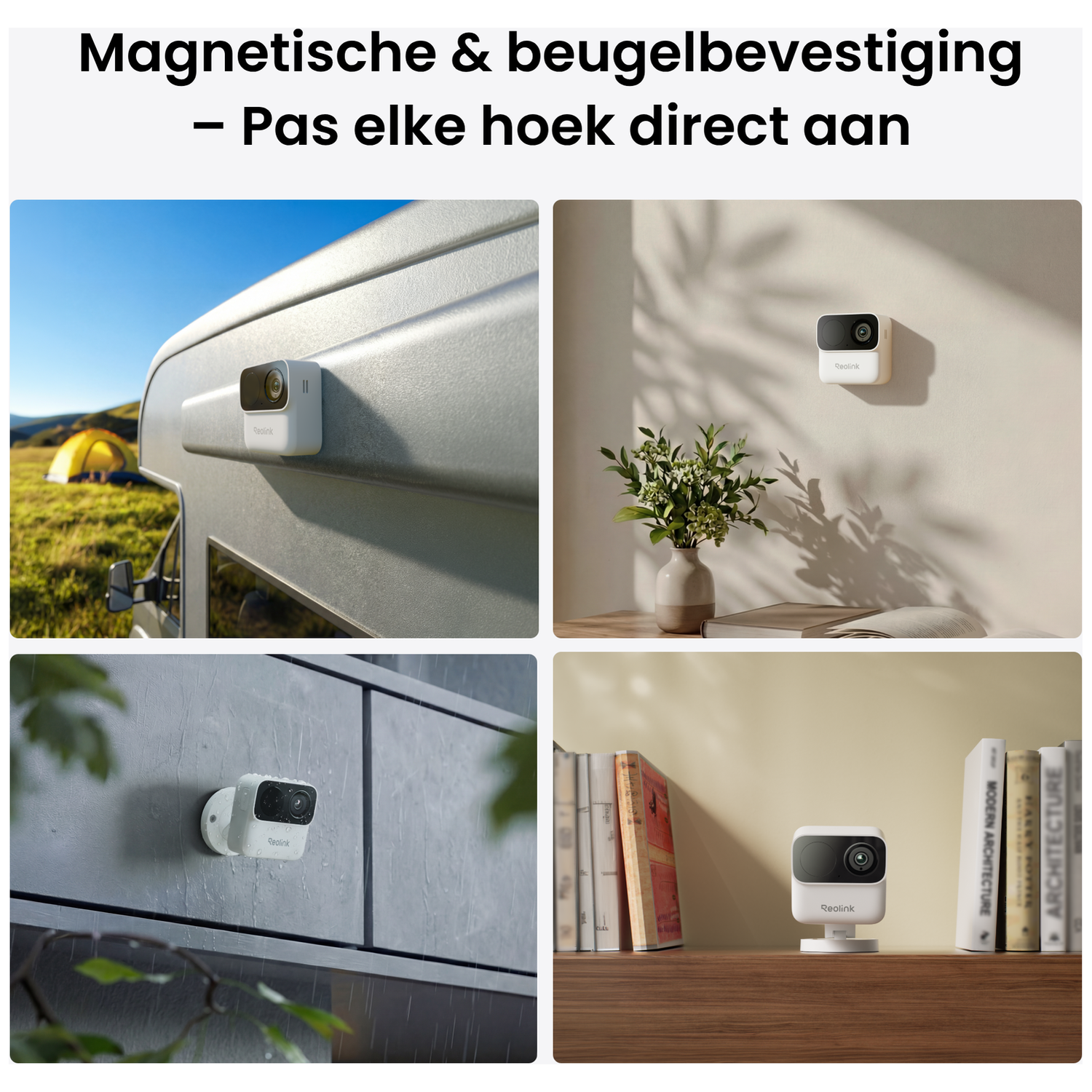 Caméra sur camping-car, mur, extérieur de maison sous la pluie et sur étagère.