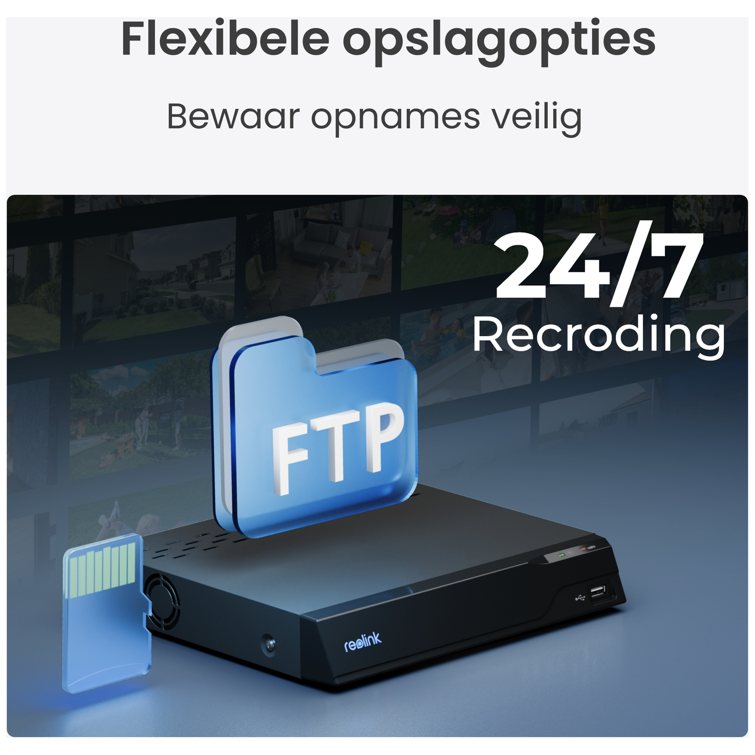 NVR avec carte SD et icône FTP pour enregistrement 24/7.