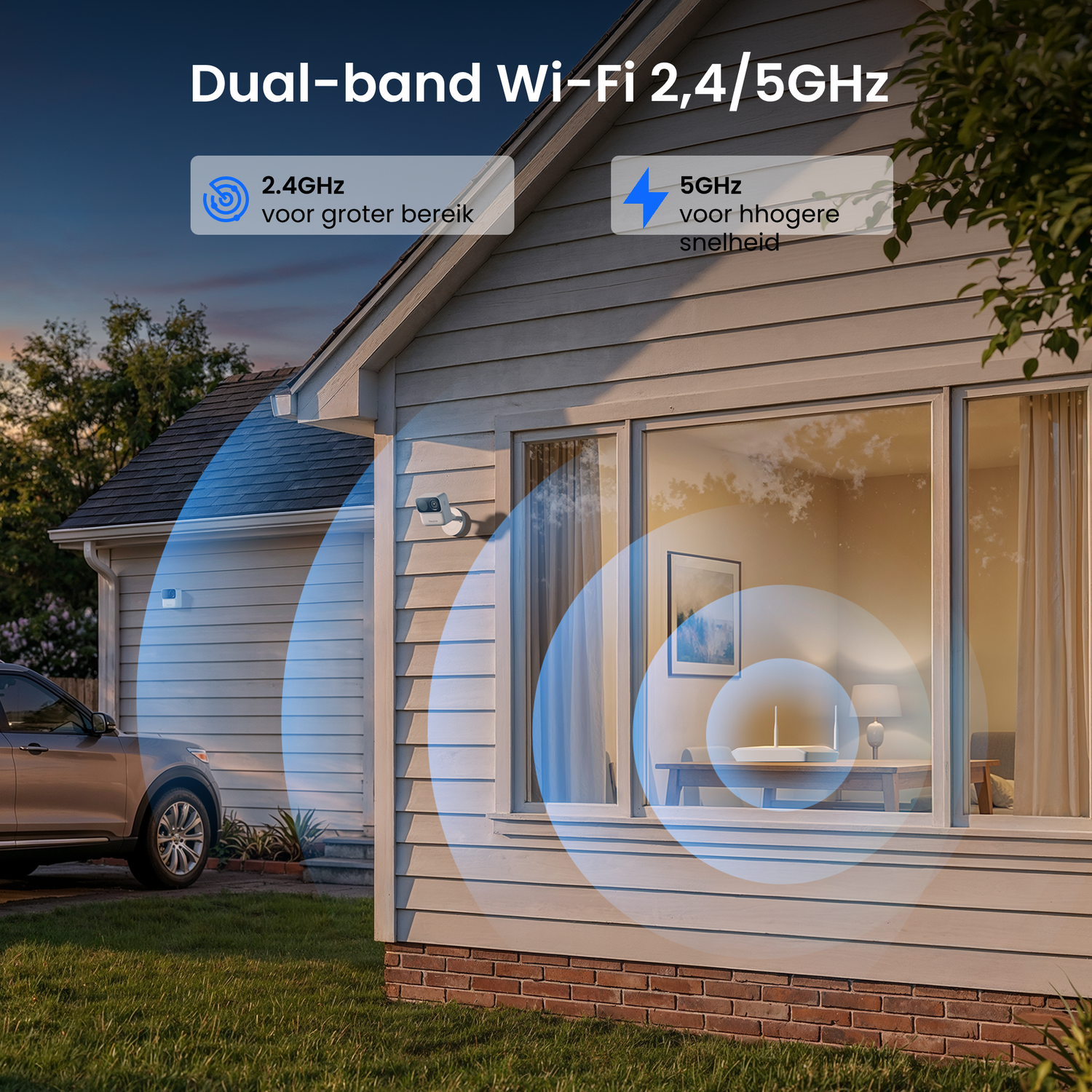 Wi-Fi double bande : 2,4 GHz pour la portée, 5 GHz pour la vitesse. Maison avec signaux Wi-Fi.