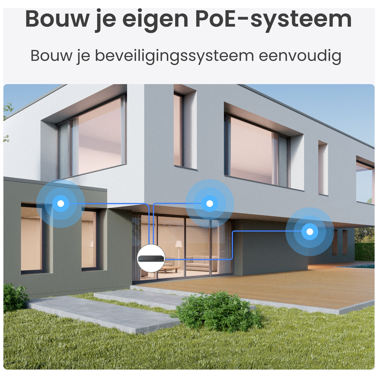Une maison moderne avec des connexions bleues vers des appareils sans fil.