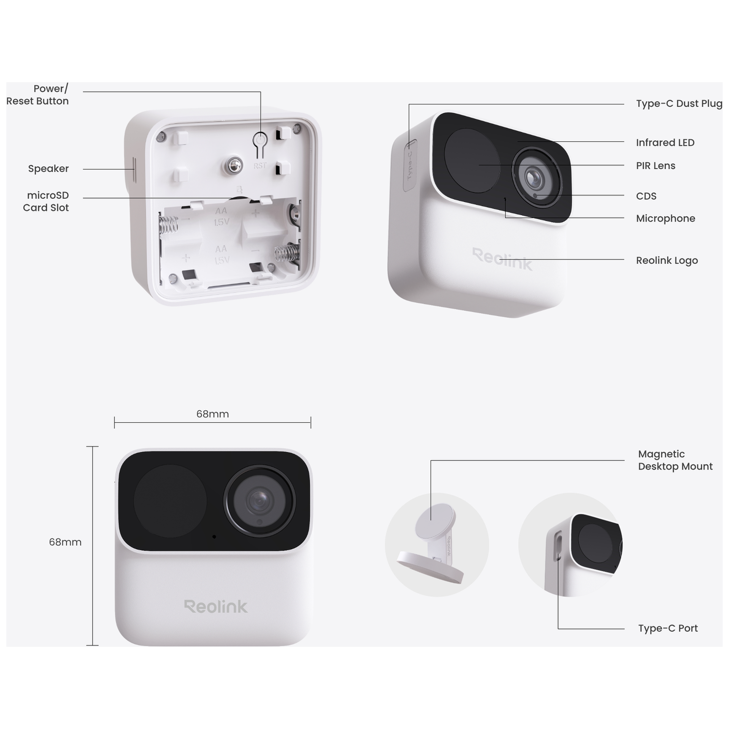 Caméra Reolink blanche avec accessoires: dos montrant le compartiment batterie, avant avec objectif et micro.