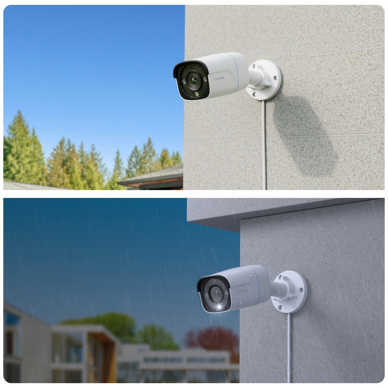 Une caméra de sécurité blanche montée sur un mur, sous un ciel bleu et sous la pluie.