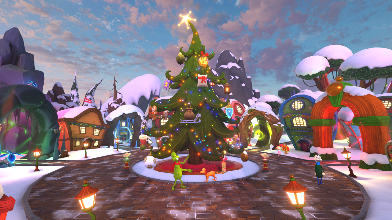 Grinch z psem przed oświetloną choinką w Whoville ze śniegiem.