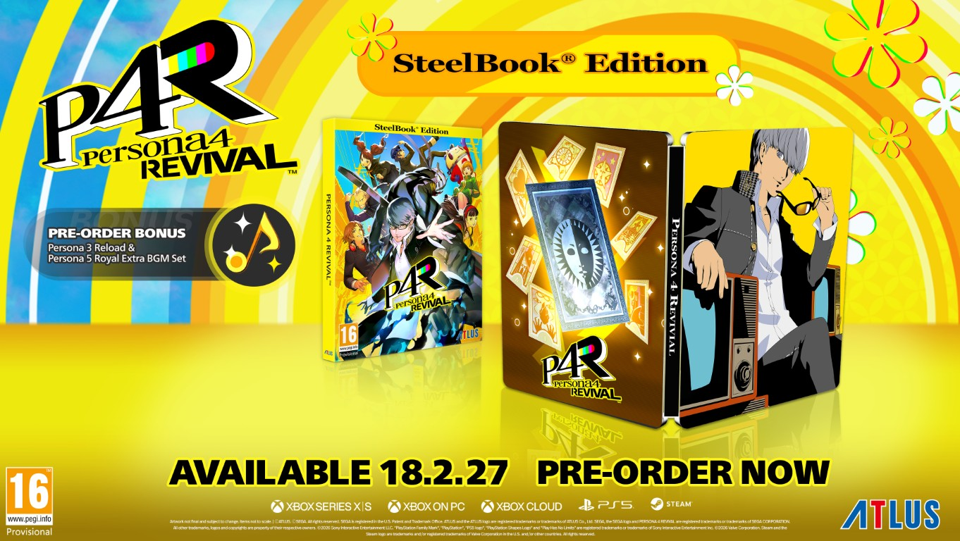 Persona 4 Revival SteelBook Edition z pudełkiem na grę, bonusem i datą premiery na żółtym tle.