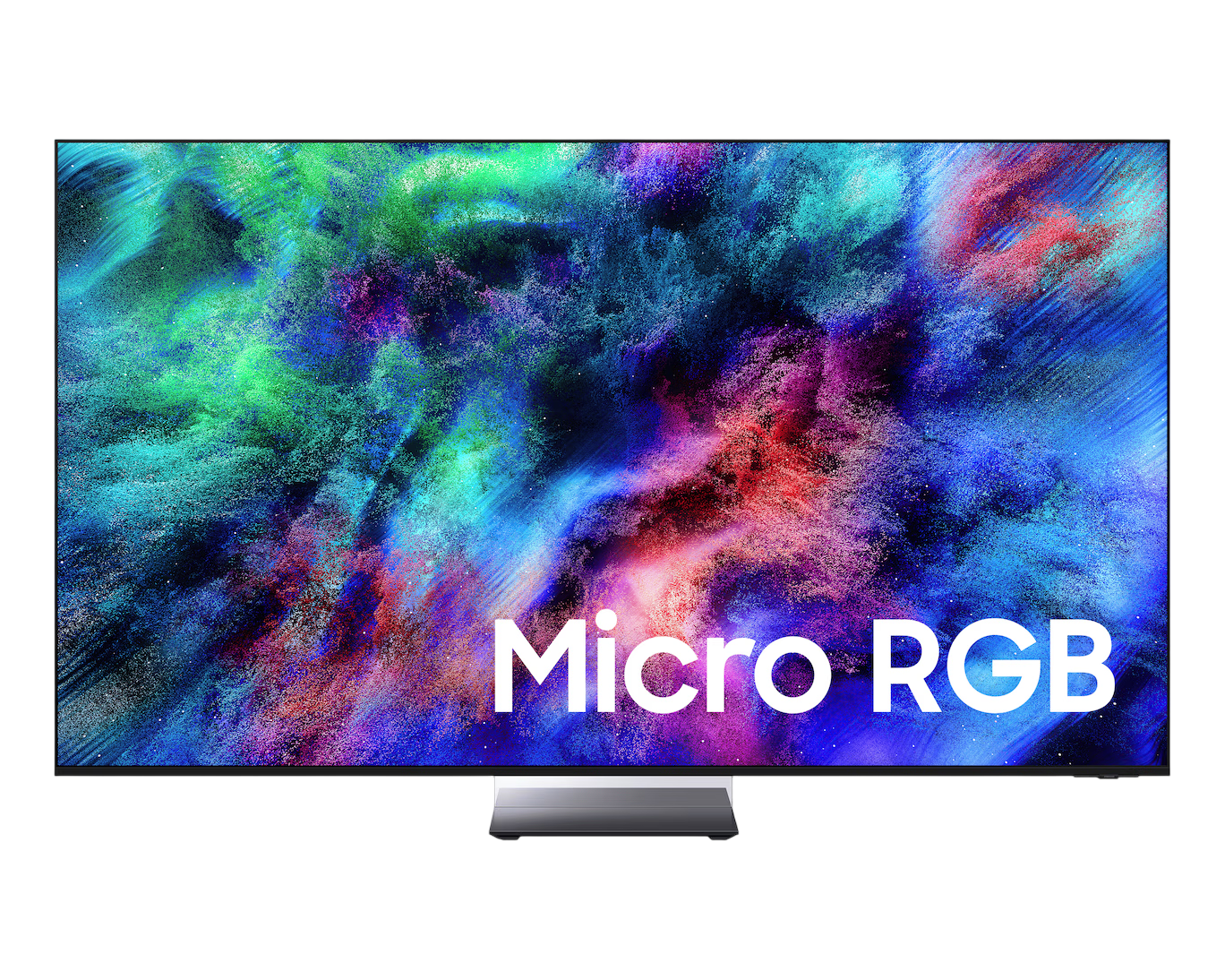 Canlı, renkli duman grafiklerine ve "Micro RGB" metnine sahip modern bir TV.