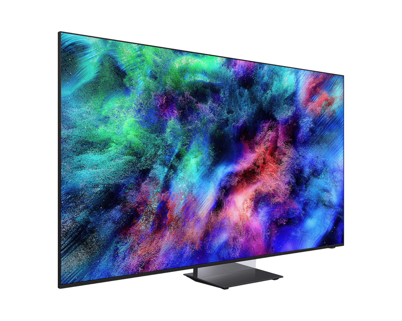 Renkli, soyut ekran koruyucu gösteren modern düz ekran TV. Siyah arka plan.