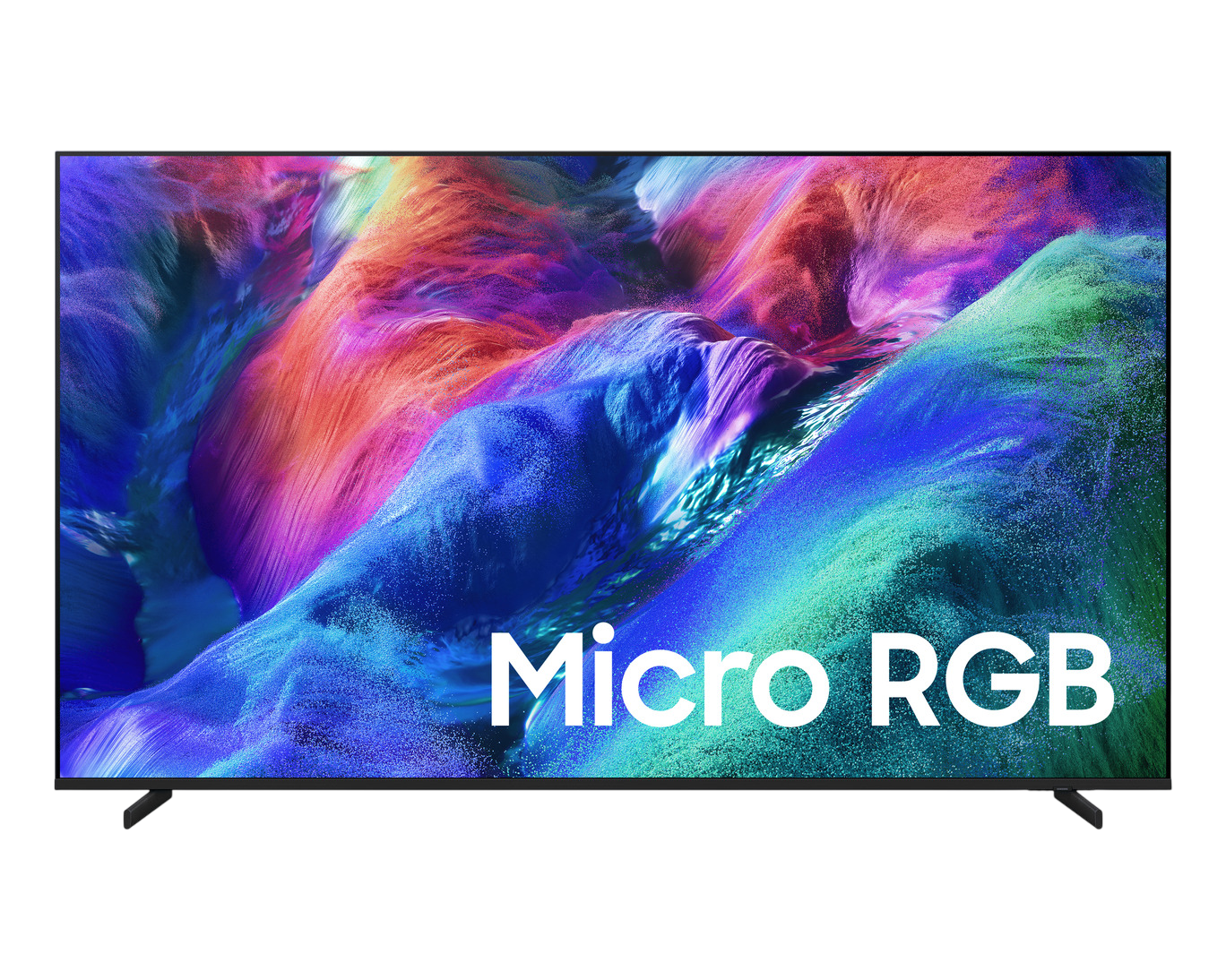Üzerinde "Micro RGB" yazısı bulunan, soyut ve renkli bir görüntü gösteren TV.
