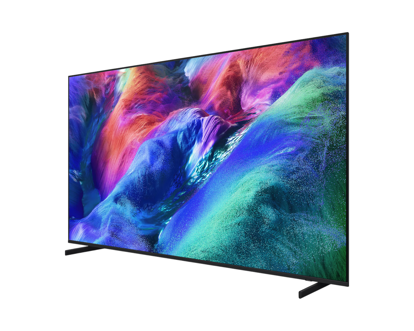 Modern bir TV, mavi, yeşil ve kırmızı tonlarda canlı, soyut bir görüntü sergiliyor.