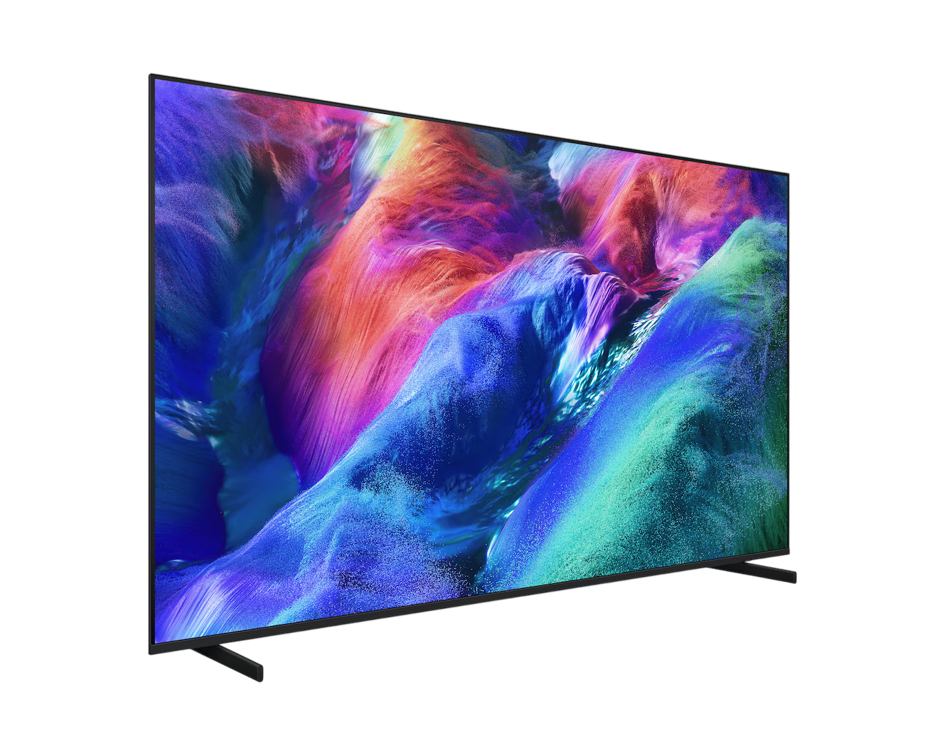 Ekranında canlı, soyut bir görüntü sergileyen modern bir televizyon.