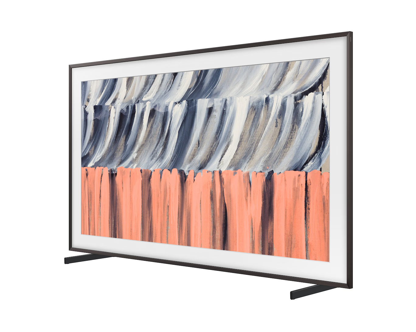 Modern TV, turuncu ve gri soyut sanat sergiliyor, stant üzerinde.