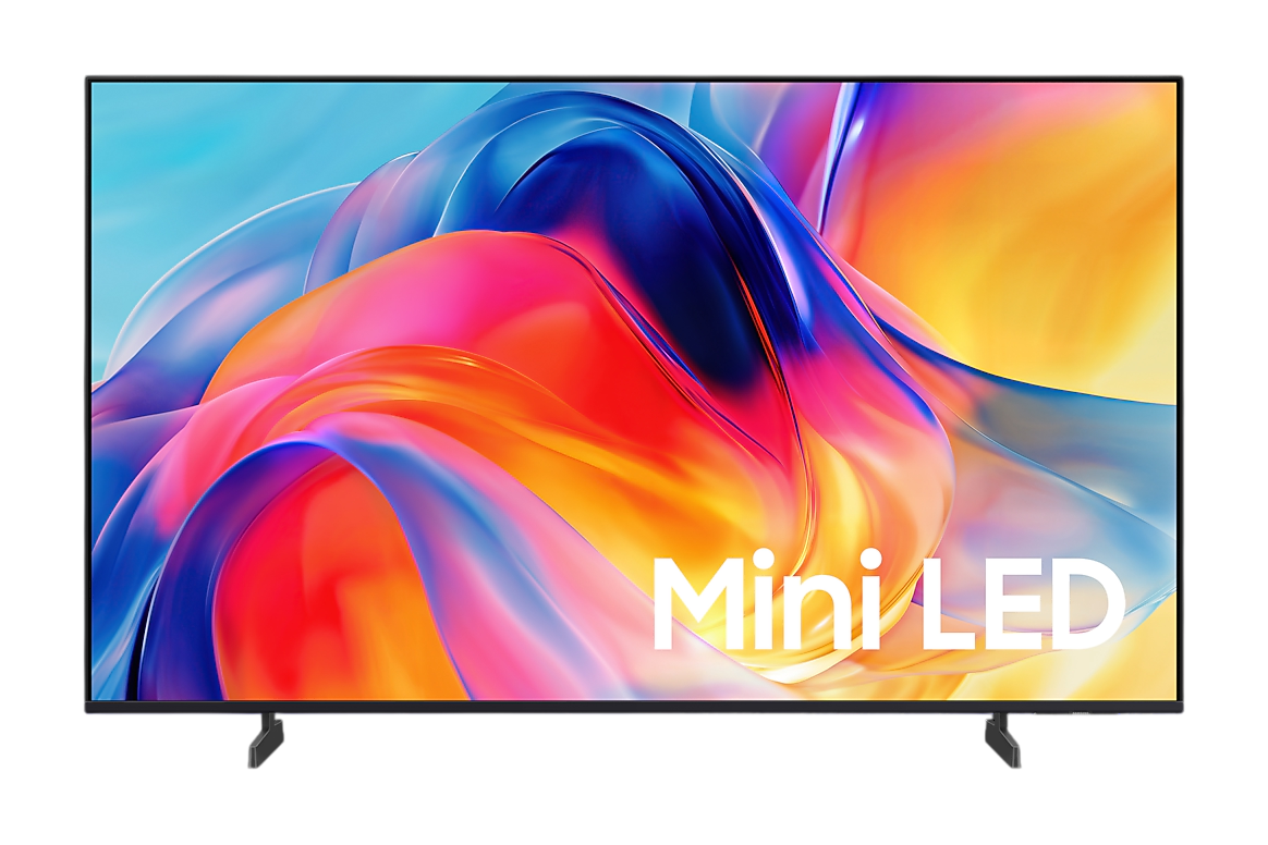 Mini LED yazılı, renkli, akıcı soyut desene sahip büyük bir televizyon.