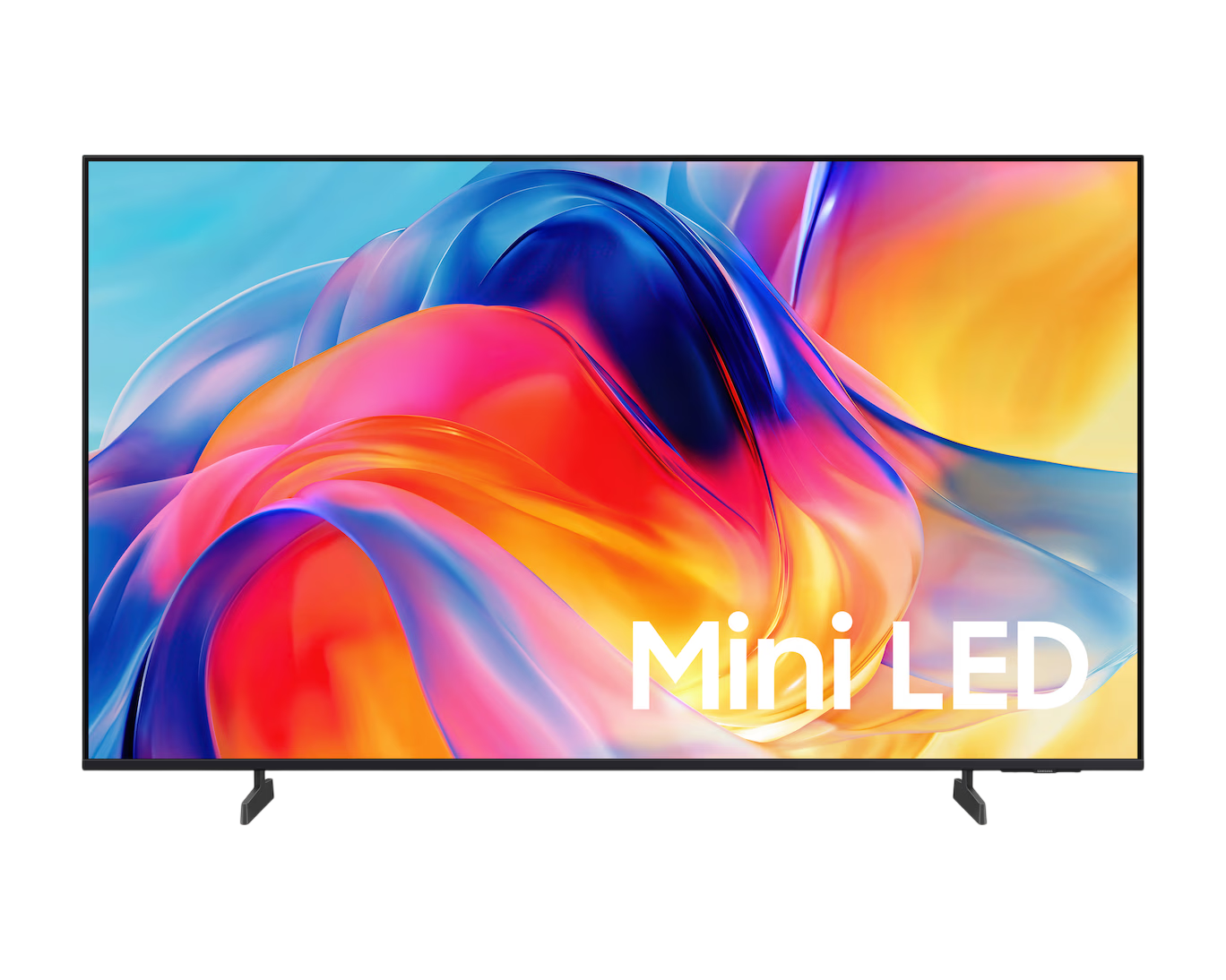 Mini LED teknolojili modern bir TV, renkli, soyut bir grafik gösteriyor.