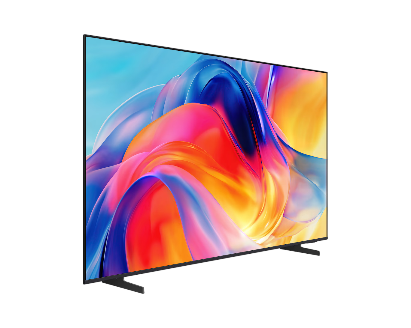 Soyut, renkli dalgalar gösteren modern bir TV, siyah arka plan üzerinde, ayaklı.