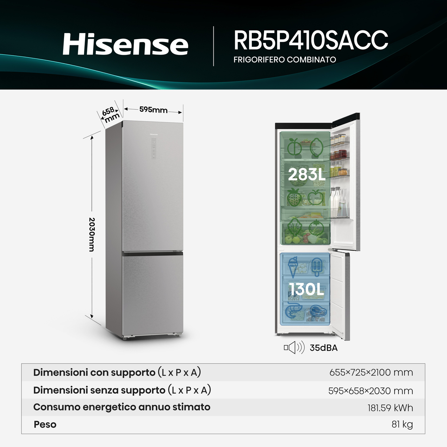 Frigorifero Hisense argento con dimensioni e capacità.