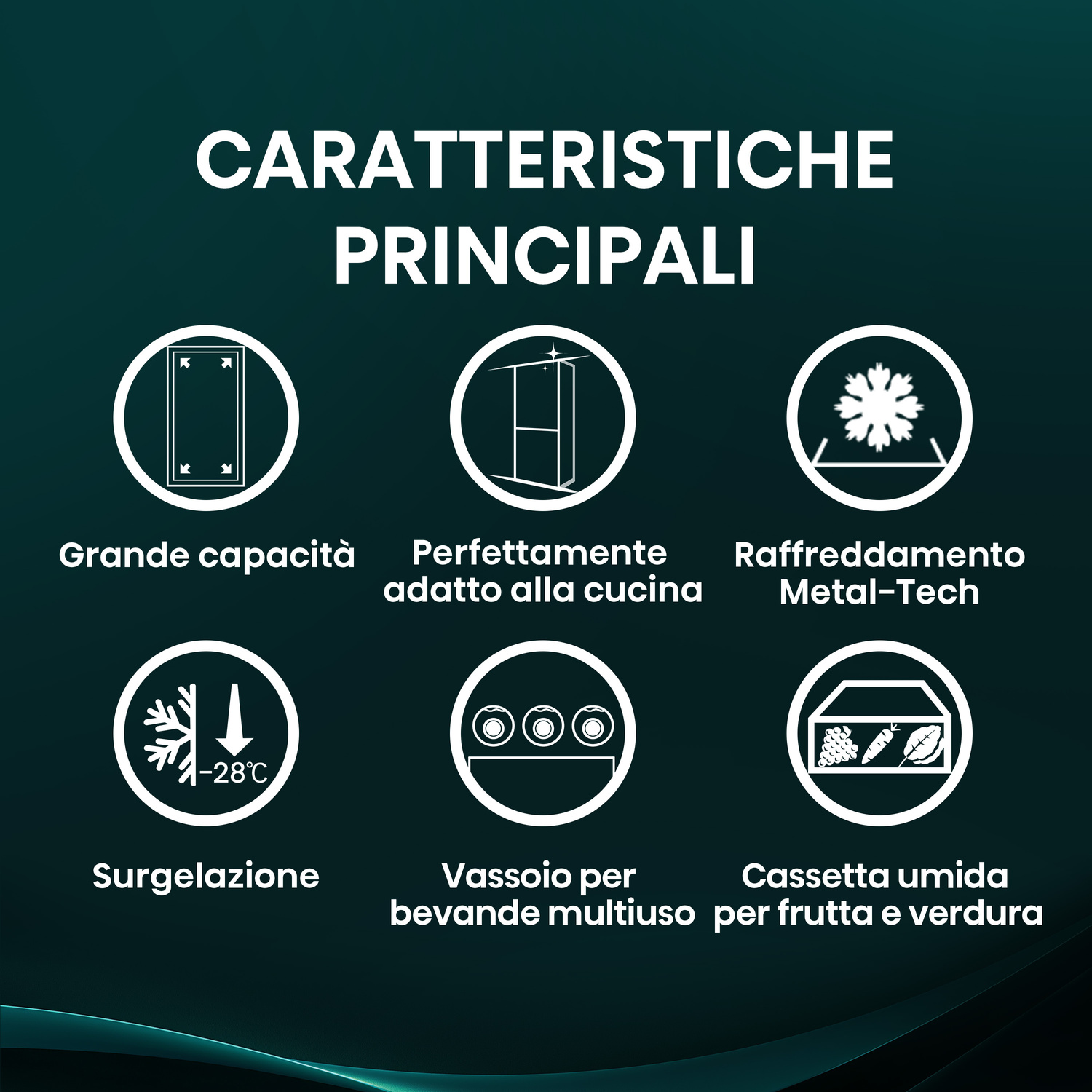 Sei icone: Grande capacità, Adatto cucina, Raffreddamento Metal-Tech, Surgelazione, Vassoio bevande, Cassetta frutta/verdura.