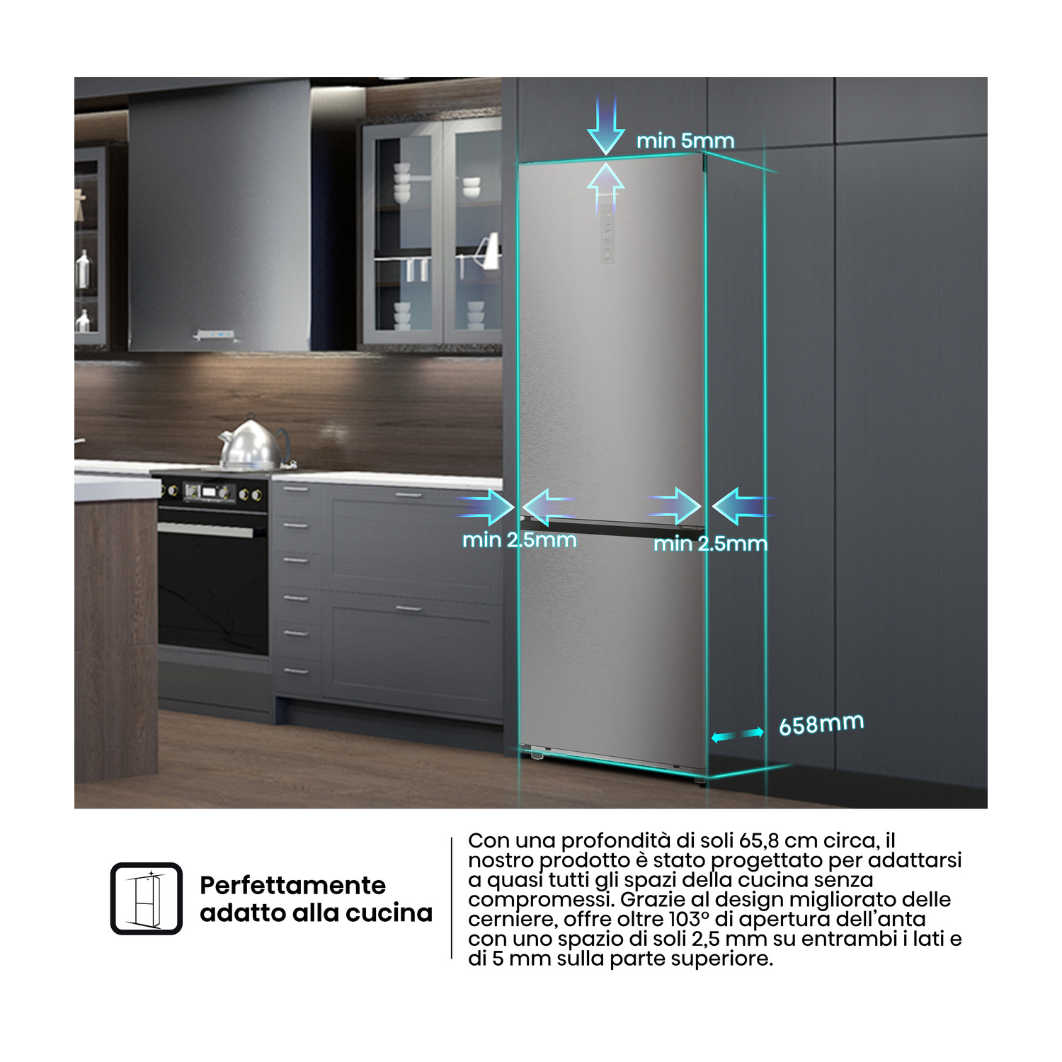 Un frigorifero moderno con misure per installazione in cucina.