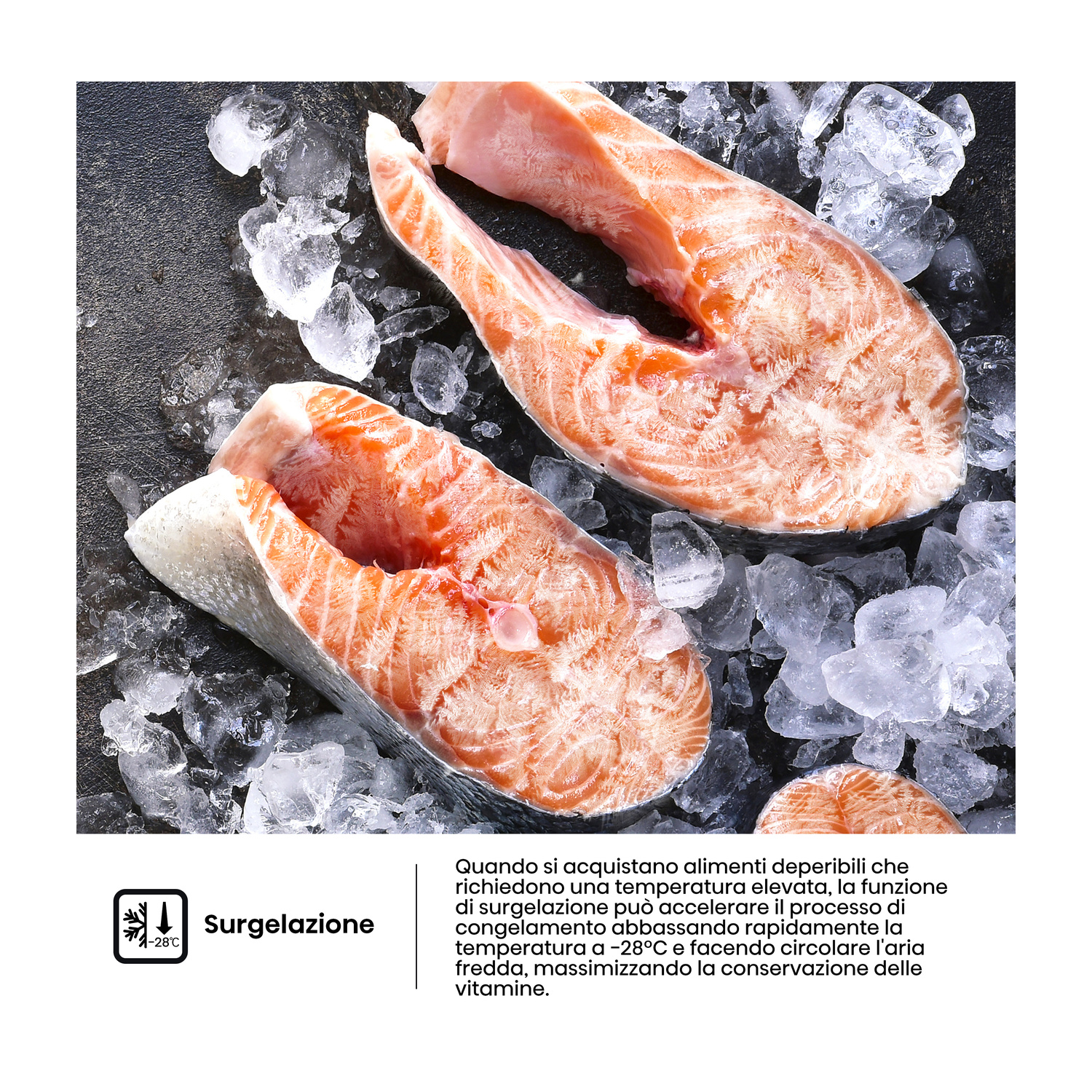 Due tranci di salmone crudo su ghiaccio, pronti per la surgelazione a -28°C.