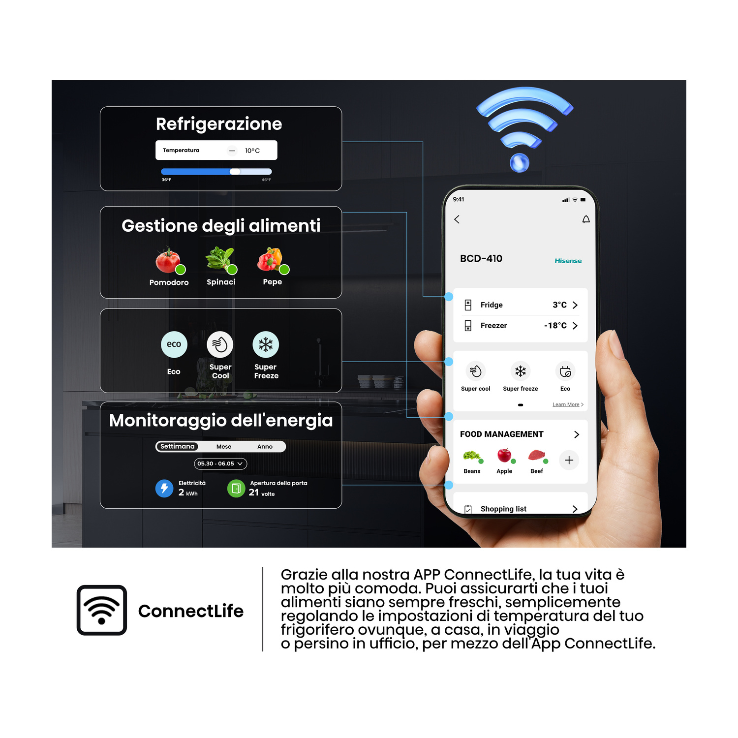 Interfaccia app mostra controlli frigo, gestione cibo e monitoraggio energia.