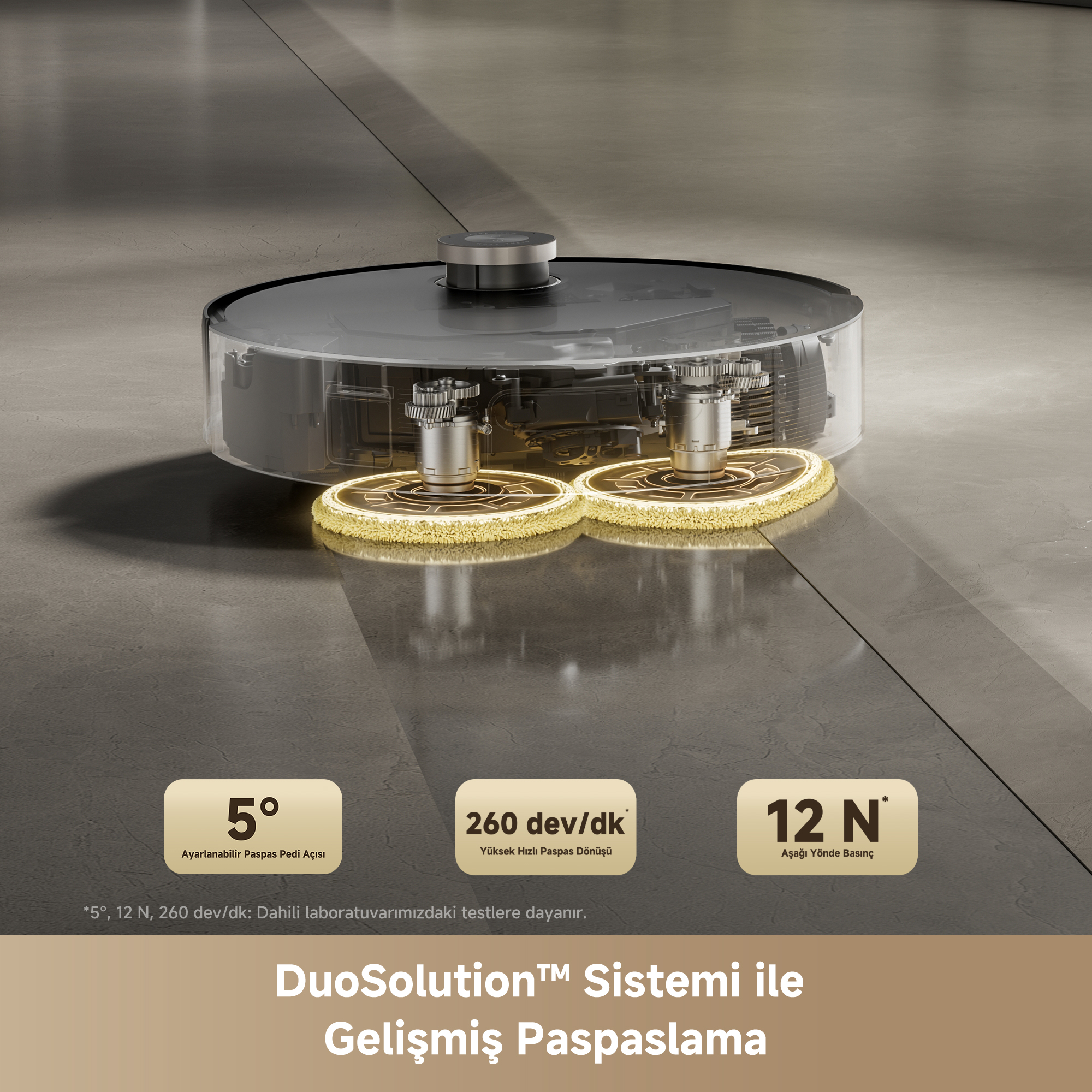 Döndürülebilir paspas pedlerine sahip bir robot süpürge.