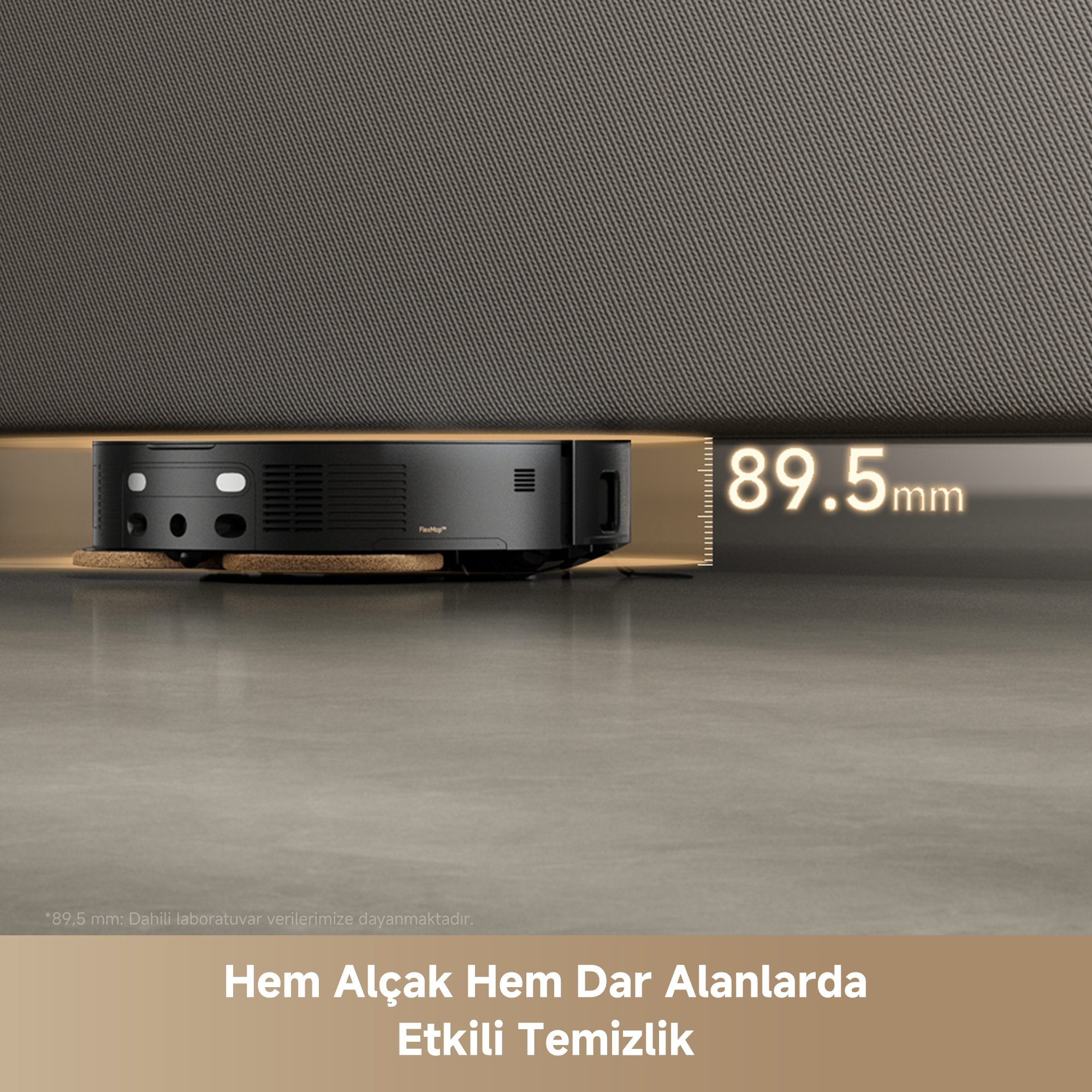 Siyah robot süpürge alçak mobilya altında temizlik, 89,5 mm yükseklik.