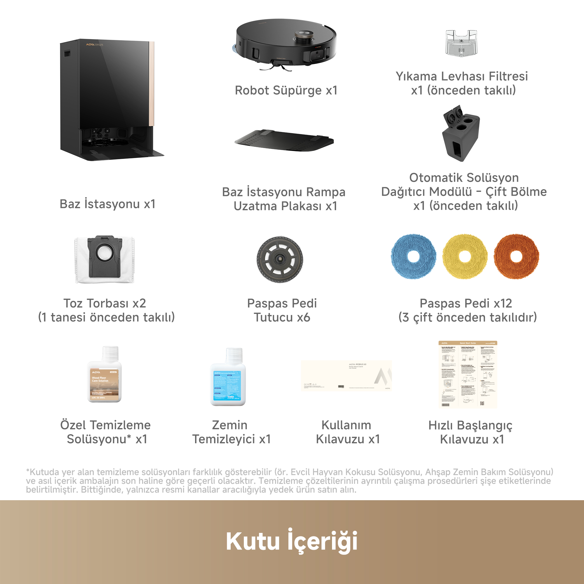 Robot süpürgenin kutu içeriği, baz istasyonu ve aksesuarları genel bakış.