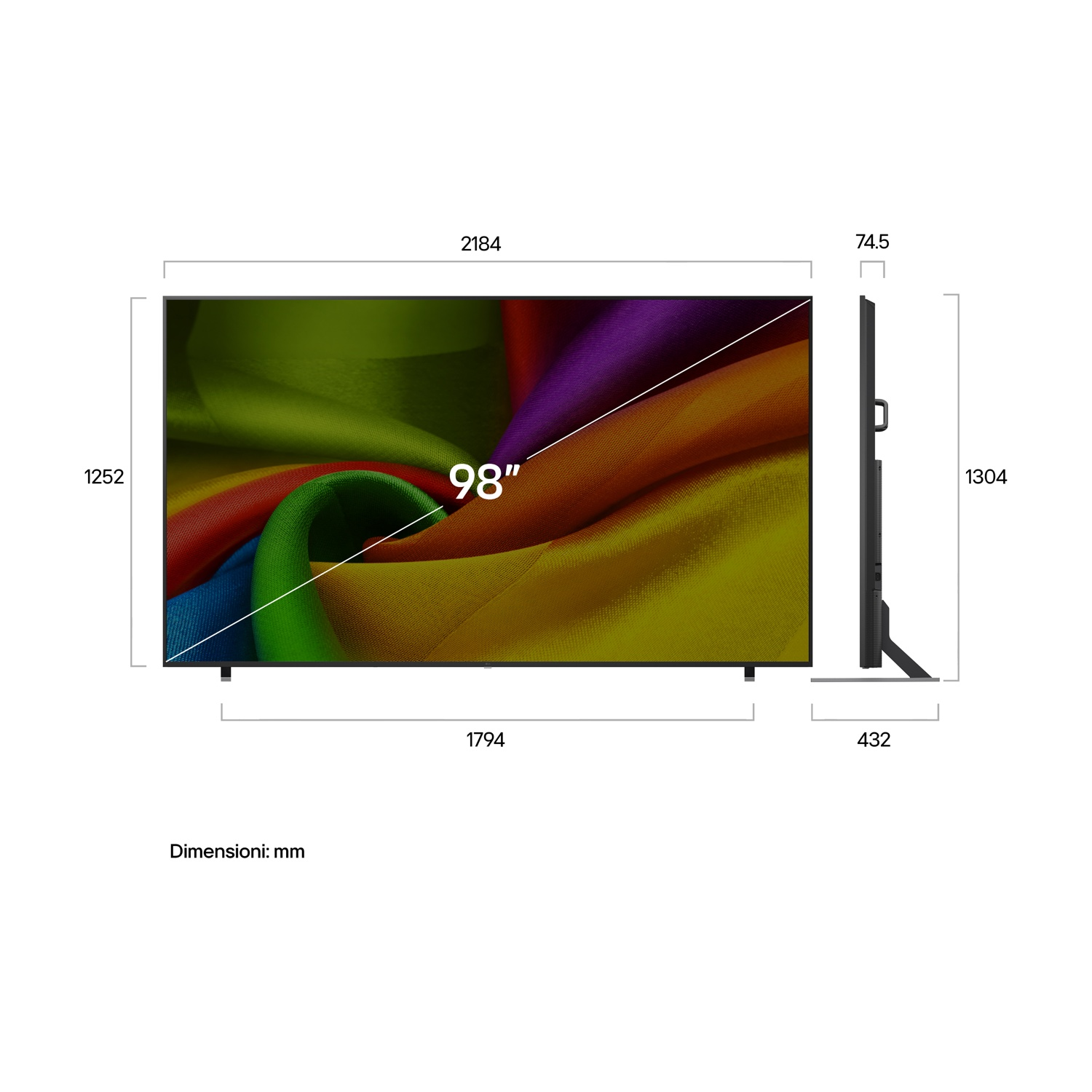 TV da 98 pollici con motivo arcobaleno, dimensioni 2184x1304x74,5 mm.