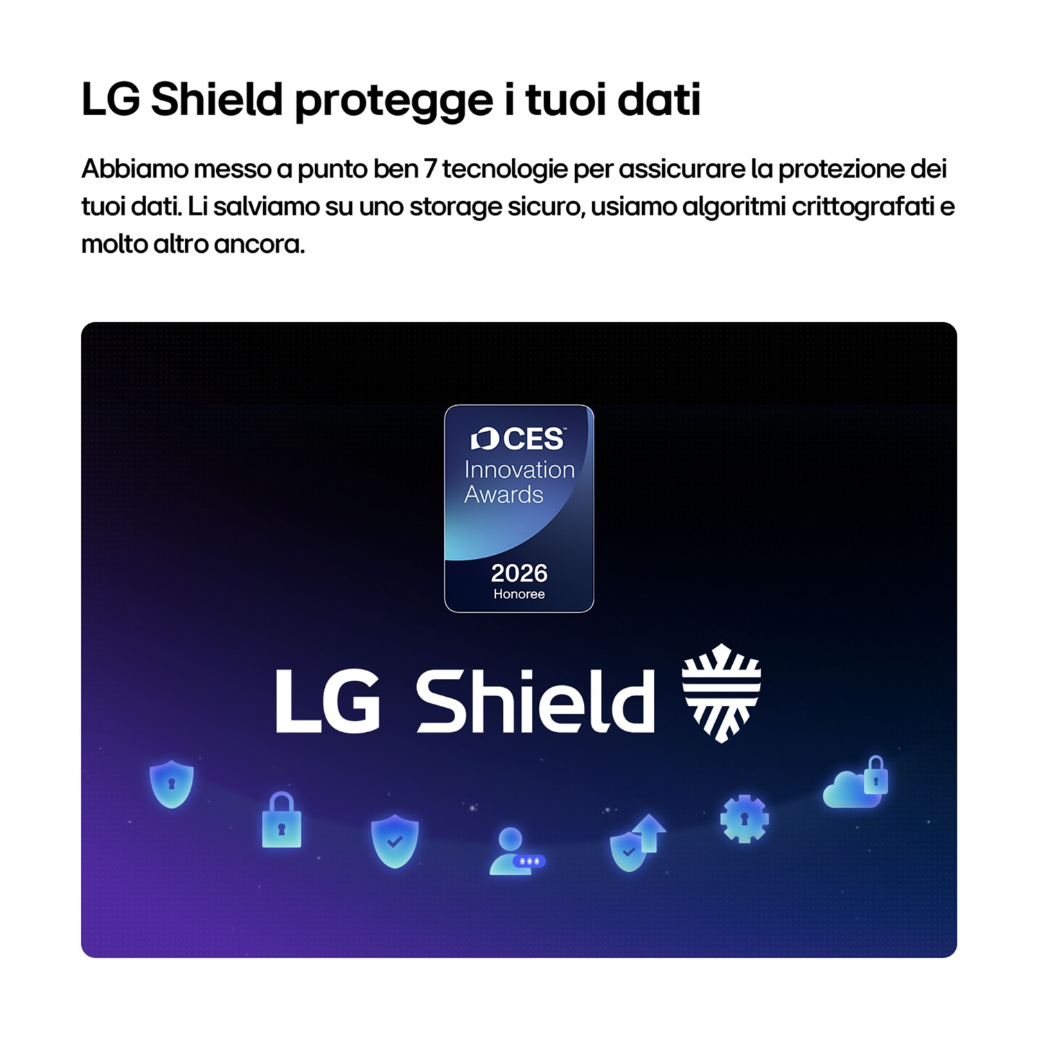 Logo LG Shield con CES Innovation Award 2026. Icone di sicurezza circondano il logo.