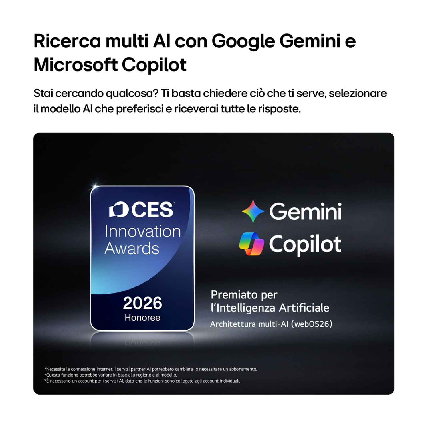 Schermo con testo su ricerca IA, CES Innovation Awards, Gemini e Copilot.
