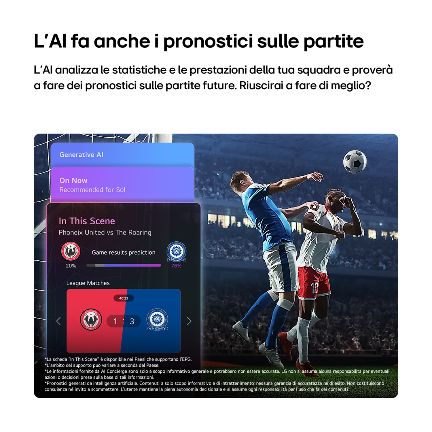 Partita di calcio con punteggio 1:3, previsione IA, giocatori in competizione.