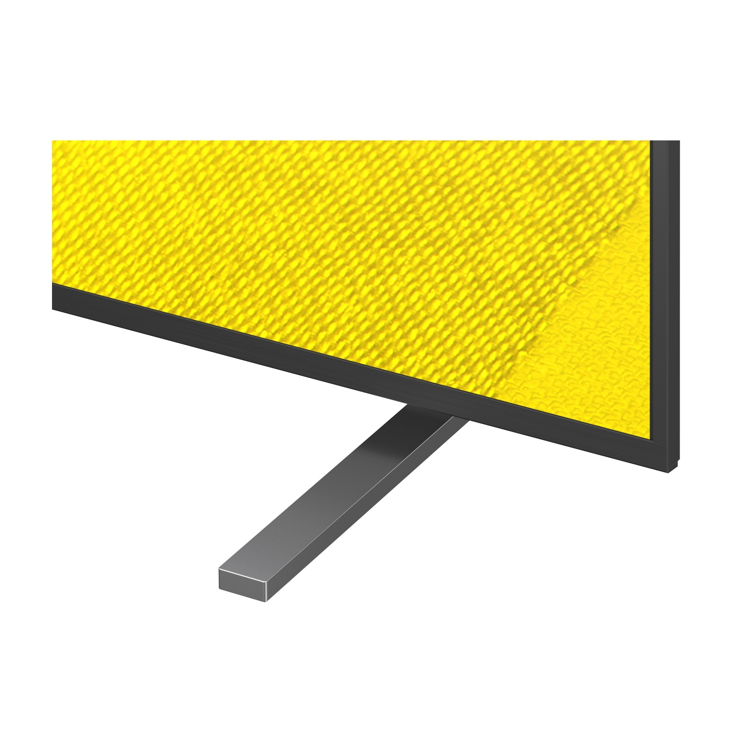 Primo piano di una TV con cornice nera, schermo giallo brillante testurizzato e supporto argentato.