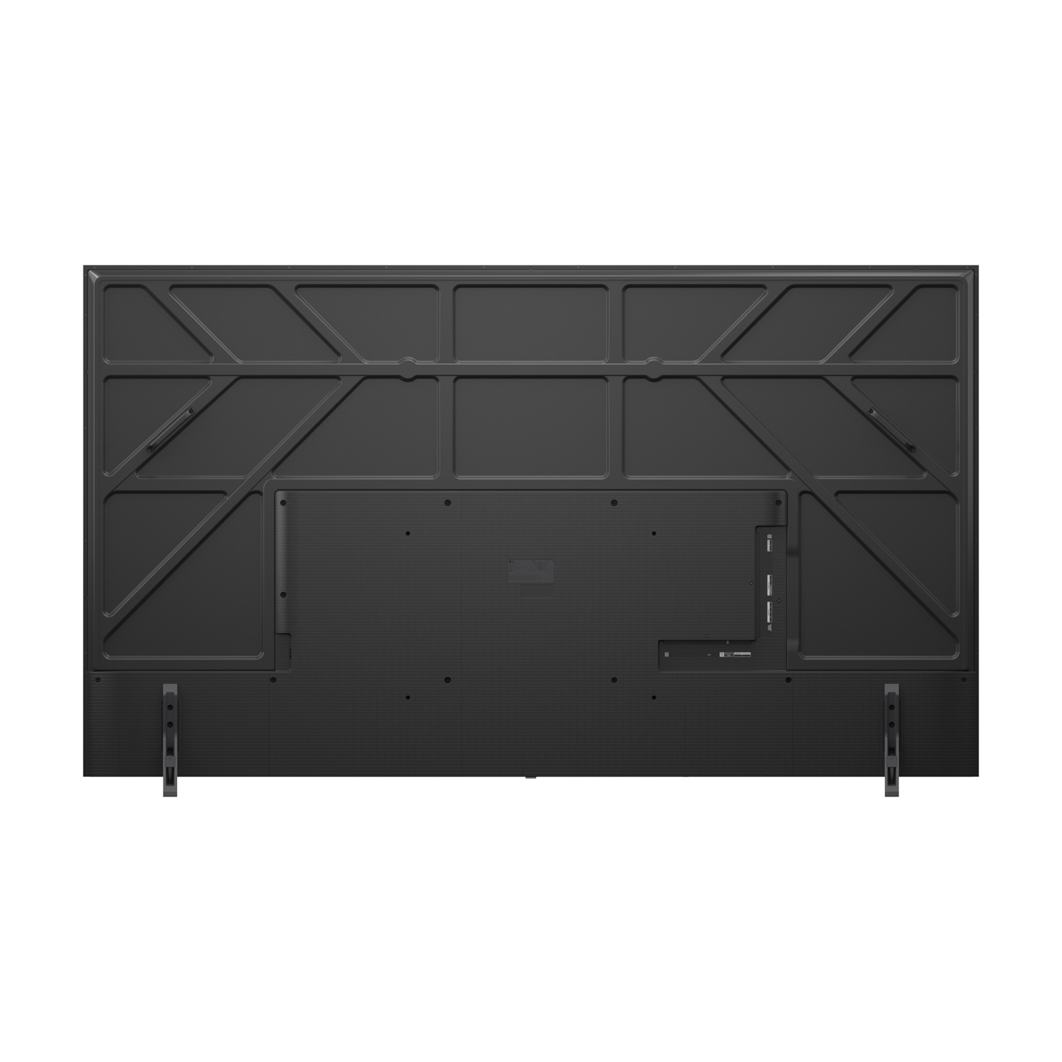 Retro di una TV nera con porte e supporto.