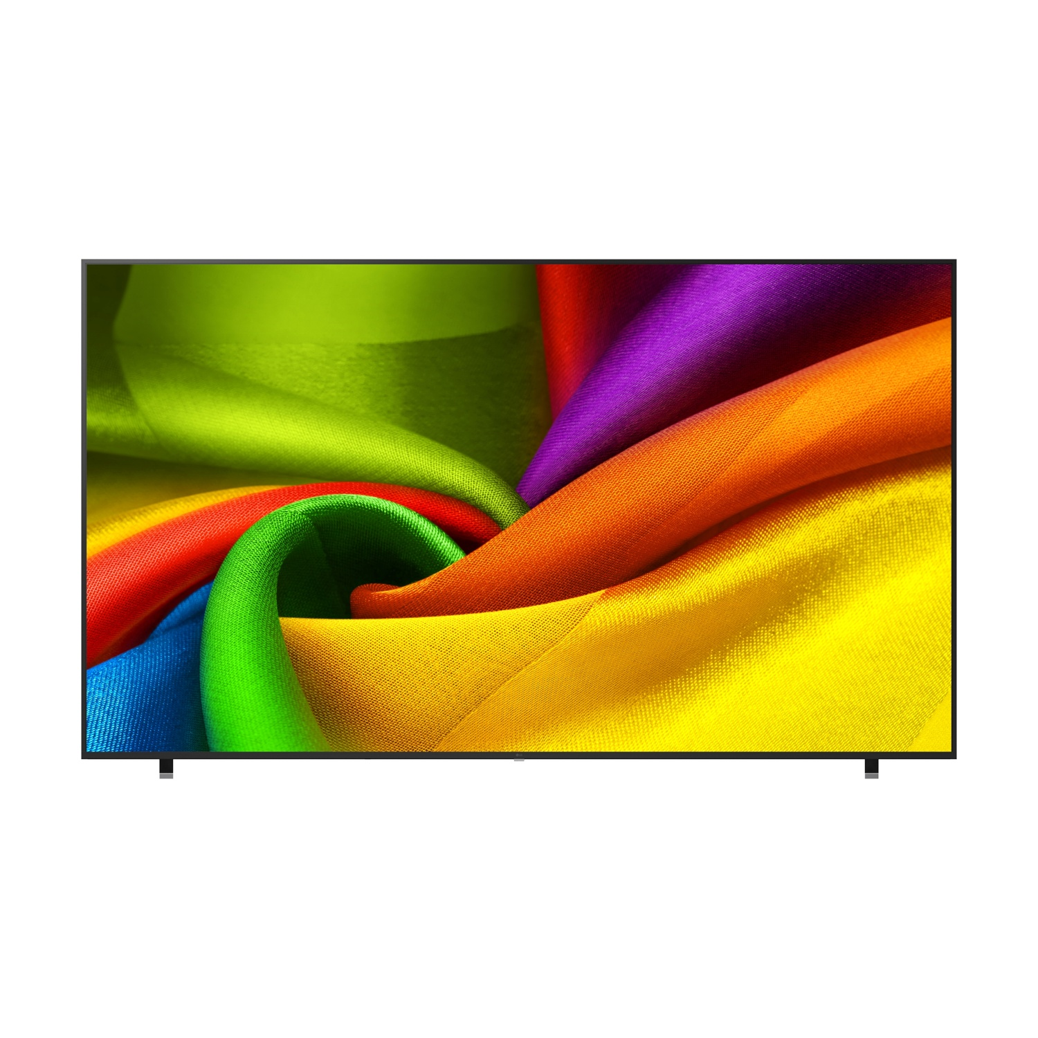 Un televisore a schermo piatto mostra un vortice di stoffa colorata in rosso, arancione, giallo, verde e viola.